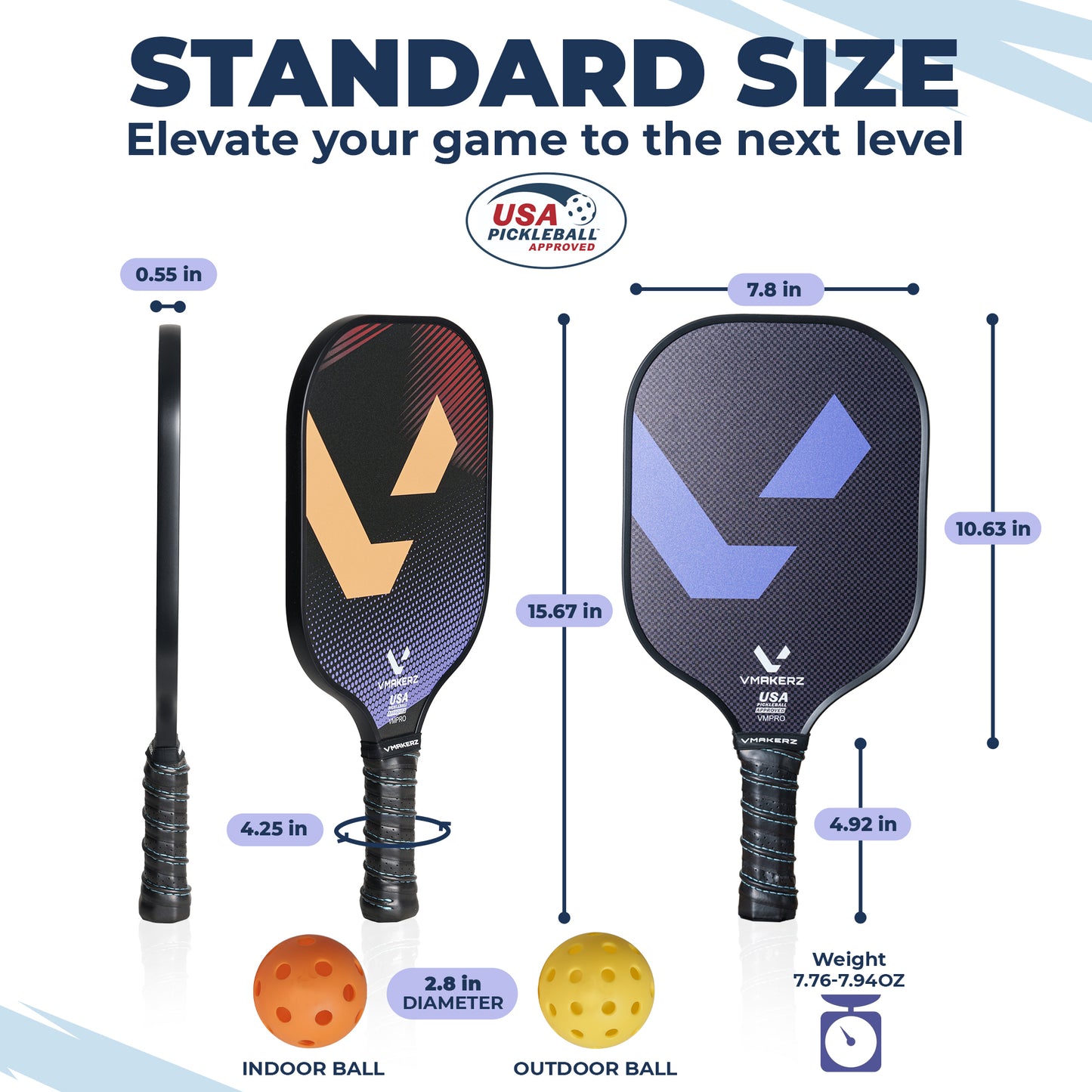 Vmakerz Graphite Pickleball Paddles Set of 2 - USAPA Approved, Carbon Fiber Surface, Honeycomb Core, Lightweight Pickleball Kit